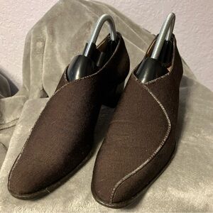 PREVATA Shoes Chocolate Brn Stretch Flare Fabric Leather Block Heels Italy 9.5B